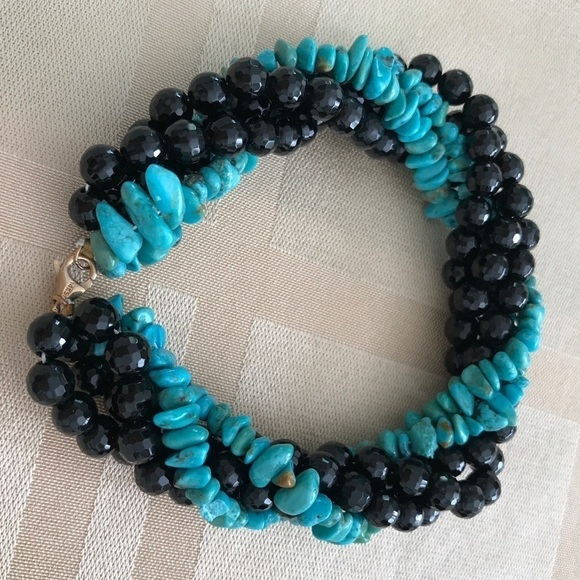 14k Turquoise Black Jet Bracelet Necklace Set - Picture 9 of 12